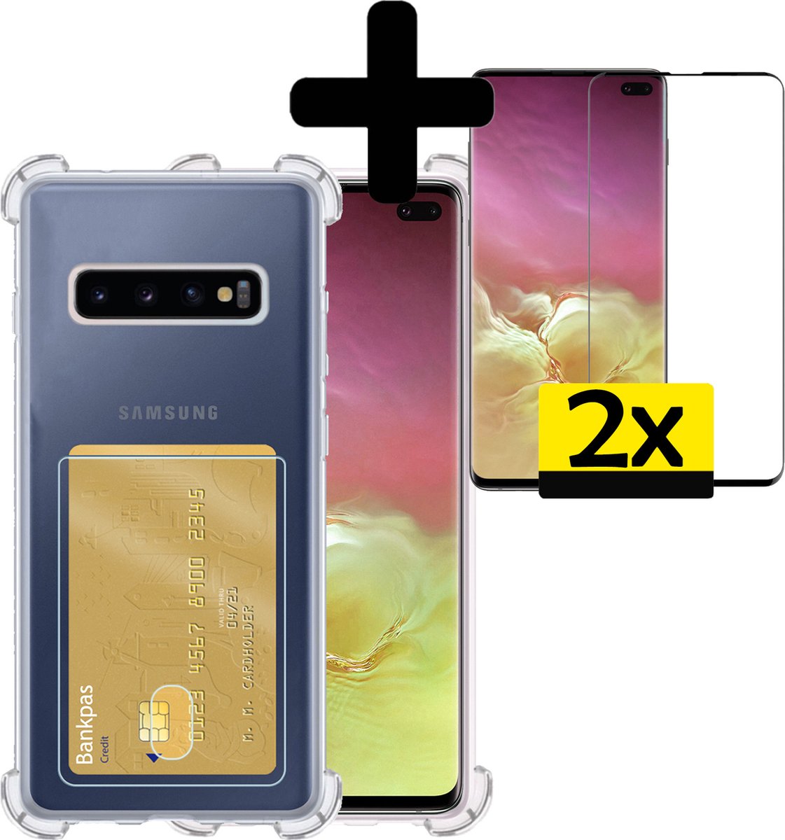 Hoesje - Geschikt voor Samsung Galaxy S10 Plus - Met 2x Screenprotector - Pashouder - Kaarthouder - Telefoon Hoes Shockproof - Siliconen Case - Back Cover - Shock Proof - Pasjes Houder - Telefoonhoesjes - Transparant