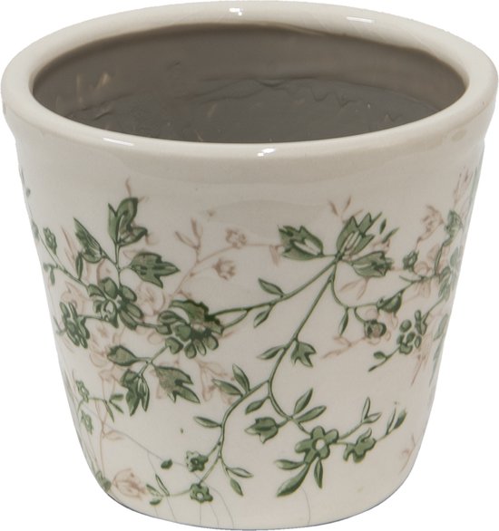 Keramiek Bloempot voor Binnen – Groen Bloemen – Rustieke Pot – Ø 12 cm – Bloemenmotief