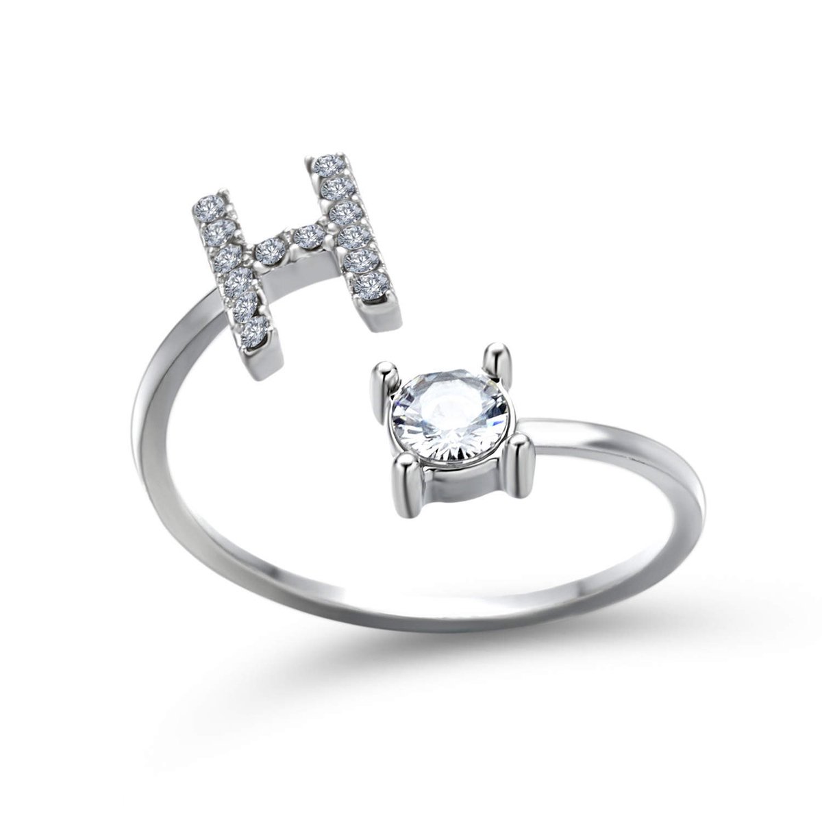 Ring met letter H - Ring met steen - Aanschuifring - Zilver kleurig - Ring Zilver dames - Cadeau voor vriendin - Vrouw - Sieraad meisje - Mooie ring tieners - Alfabet ring H - Ring met initiaal