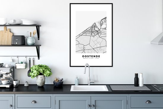 Fotolijst incl. Poster Zwart Wit- België – Oostende – Stadskaart – Kaart – Zwart Wit – Plattegrond - 60x90 cm - Posterlijst