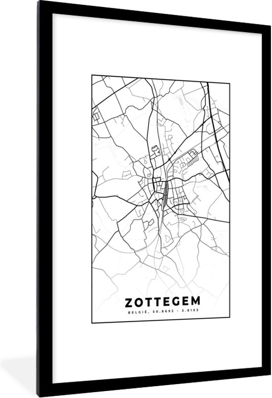 Fotolijst incl. Poster Zwart Wit- Zwart Wit – België – Plattegrond – Stadskaart – Kaart – Zottegem - 80x120 cm - Posterlijst