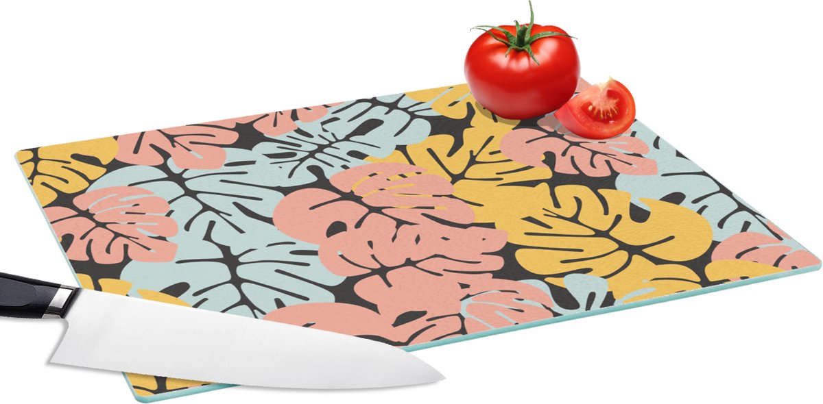 Glazen Snijplank - 39x28 - Monstera - Hawaii - Design - Pastel - Snijplanken Glas