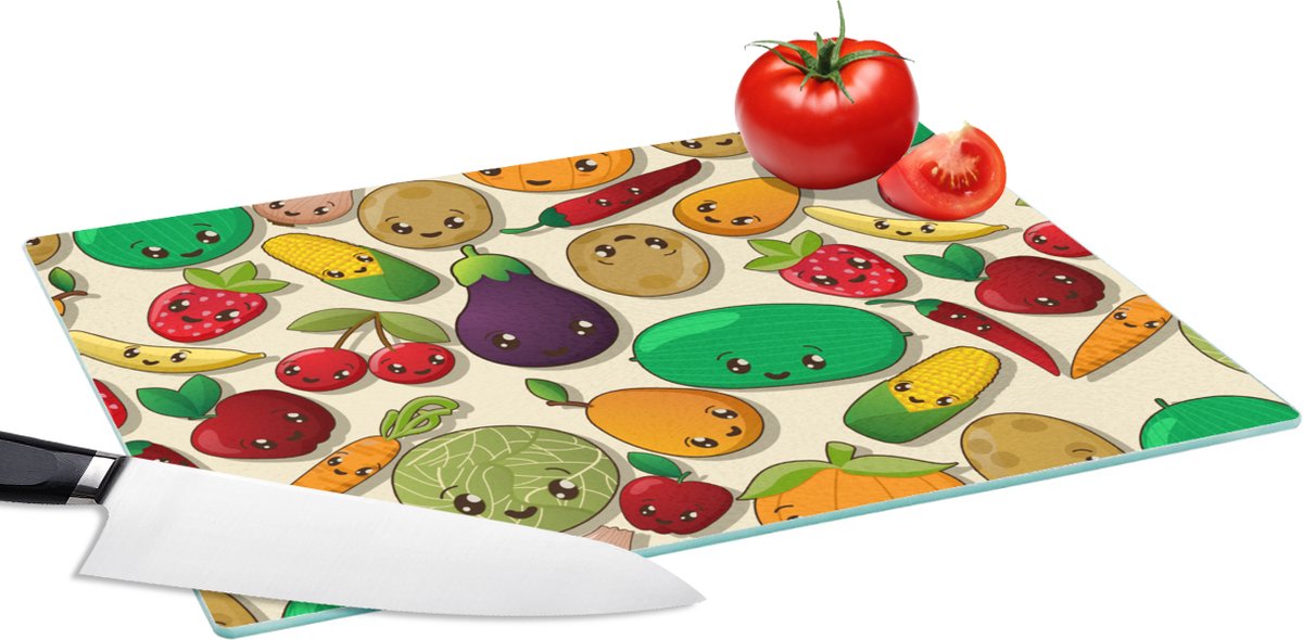 Glazen Snijplank - 39x28 - Kawaii - Patronen - Groente - Fruit - Snijplanken Glas