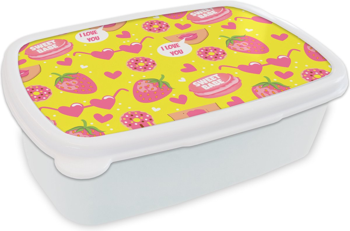 Broodtrommel Wit - Lunchbox - Brooddoos - Eten - Patroon - Roze - 18x12x6 cm - Volwassenen