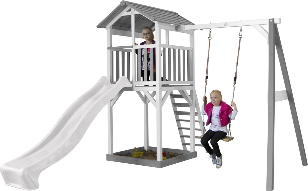 AXI Beach Tower Speeltoestel in Grijs/Wit - Speeltoren met Zandbak, Schommel en Witte Glijbaan - FSC hout - Speelhuis op palen voor de tuin — afbeelding 7