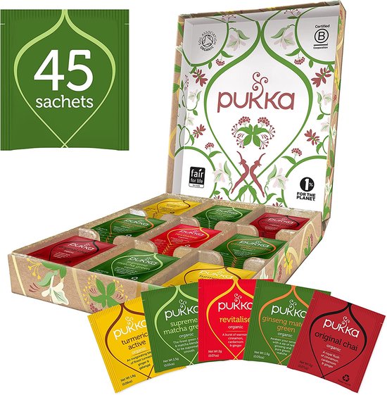 Pukka Active Kruidenthee Geschenkdoos - 5 blends biologische kruidenthee, ook leuk als verjaardagscadeau - 45 zakjes - Theedoos - GB-BIO-05 - Pukka