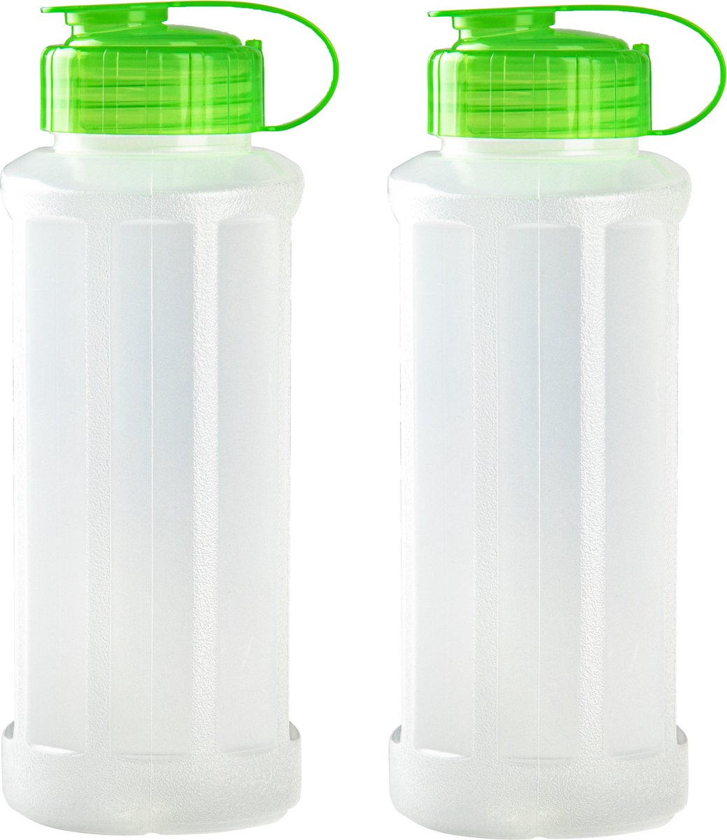 2x stuks kunststof waterflessen 1100 ml transparant met dop groen - Drink/sport/fitness flessen