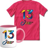 13 Jaar Vrolijke Verjaadag T-shirt met mok giftset Roze | Verjaardag cadeau pakket set | Grappig feest shirt Heren – Dames – Unisex kleding | Koffie en thee mok | Maat M