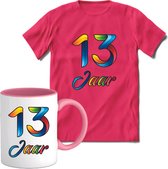 13 Jaar Vrolijke Verjaadag T-shirt met mok giftset Roze | Verjaardag cadeau pakket set | Grappig feest shirt Heren – Dames – Unisex kleding | Koffie en thee mok | Maat XXL