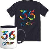 36 Jaar Vrolijke Verjaadag T-shirt met mok giftset Zwart | Verjaardag cadeau pakket set | Grappig feest shirt Heren – Dames – Unisex kleding | Koffie en thee mok | Maat S
