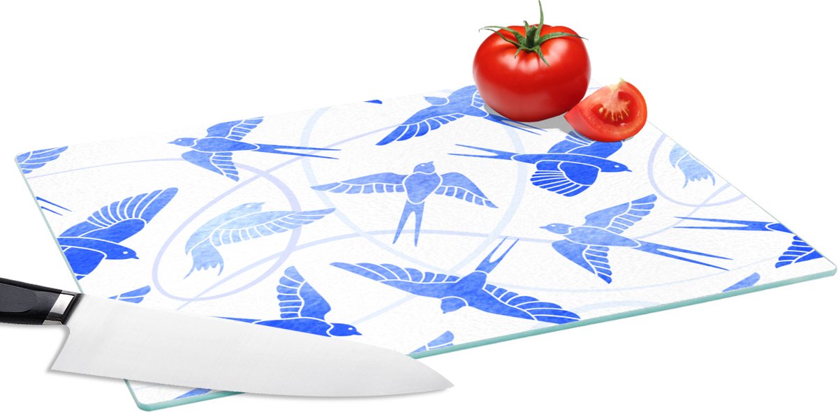 Glazen Snijplank - 39x28 - Patroon - Blauw - Vogel - Snijplanken Glas
