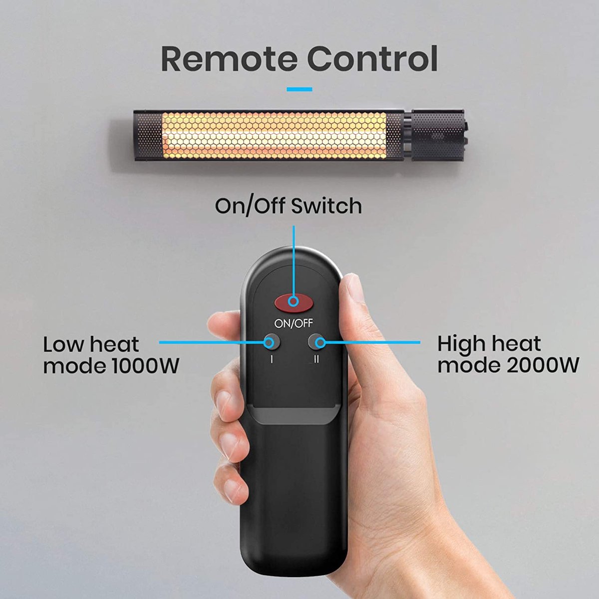 TRESKO infrarood warmtestraler, 2000 W, met afstandsbediening, elektrisch, voor op het terras, met 3 warmtestanden, terrasstraler, voor binnen en buiten, wandverwarming, infraroodstraler, straler voor de luiertafel