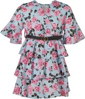 Meisjes laagjes bloemenprint jurk 3/4 mouwen met riem - pastel blauw | Maat 164/ 14Y