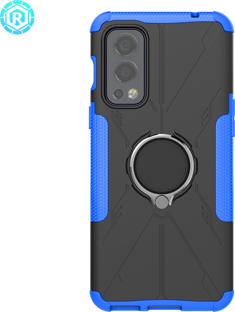 Oneplus Nord 2 5G Hoesje Blauw - Ring - Kickstand - Bumpercase