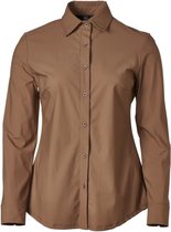 Dames blouse lange mouwen travelstof met klassieke kraag - bruin | Maat L (Valt als M)