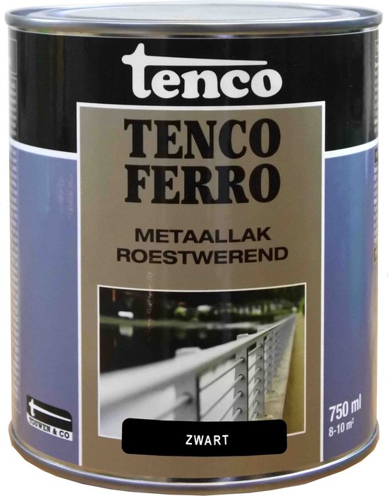 Tenco Ferro metaallak roestwerend blik in grijs, zwart en blauw met afbeelding van een grijs hek. 750 ml.