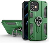 Koolstofvezelpatroon PC + TPU-beschermhoes met ringhouder voor iPhone 12 mini (donkergroen)