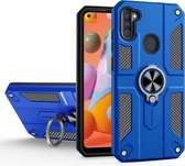 Voor Samsung Galaxy A11 koolstofvezelpatroon pc + TPU-beschermhoes met ringhouder (donkerblauw)