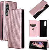 Voor Samsung Galaxy Z Fold3 5G Koolstofvezel Textuur Magnetische Horizontale Flip TPU + PC + PU Lederen Case met Kaartsleuf (Roze)