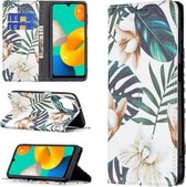 Voor Samsung Galaxy M32 Gekleurd Tekenpatroon Onzichtbare Magnetische Horizontale Flip PU Lederen Case met Houder & Kaartsleuven & Portemonnee (Rode Bladeren)