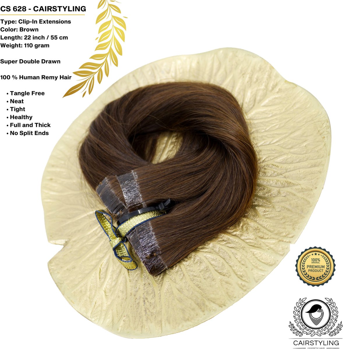 CAIRSTYLING Premium 100% Human Hair - CS628 INVISIBLE CLIP-IN - Super Double Remy Human Hair Extensions | 115 Gram | 55 CM (22 inch) | Haarverlenging | Best Quality Hair Long-term Use | 2022 Trending Invisible Laces | Brown Natural