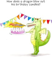 How does a dragon blow out his birthday candles? - Verjaardagskaart met envelop - Grappig - Engels
