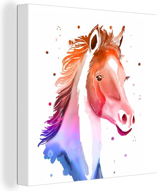 Canvas Schilderij Paard - Oranje - Roze - Meisjes - Kinderen - Meiden - 50x50 cm - Wanddecoratie
