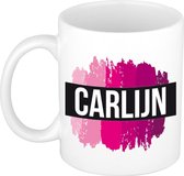 Carlijn naam cadeau mok / beker met roze verfstrepen - Cadeau collega/ moederdag/ verjaardag of als persoonlijke mok werknemers