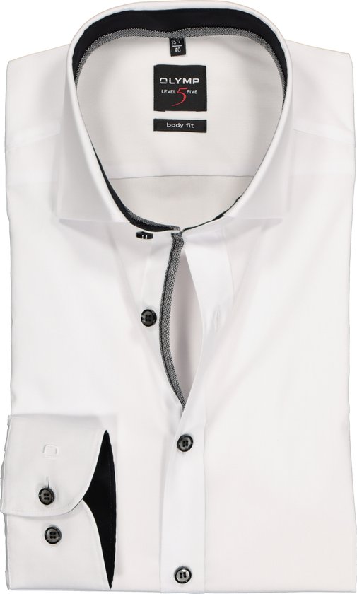 OLYMP Level 5 body fit overhemd - mouwlengte 7 - wit (zwart contrast) - Strijkvriendelijk - Boordmaat: