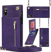 Cross-body Rits Vierkant TPU+PU Achterkant Case met houder & kaartsleuven & portemonnee & riem voor iPhone XS / X (paars)