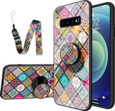 Voor Samsung Galaxy S10+ Geschilderd Etnisch Patroon Gehard Glas TPU Schokbestendig Hoesje met Opvouwbare Magnetische Houder & Nekband (Geruit)