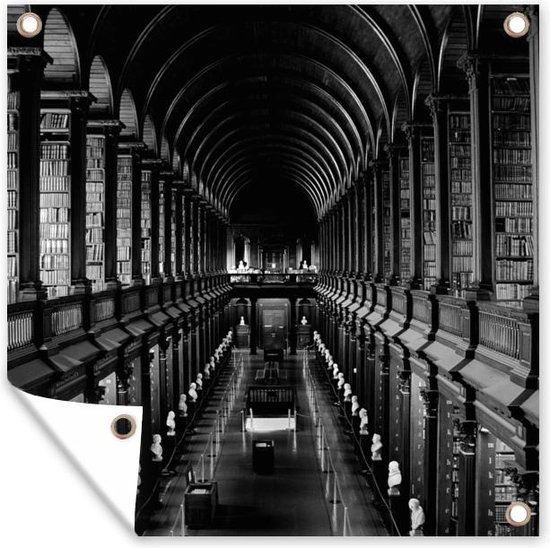 Tuindoek Bibliotheek van het Trinity College in Ierland - zwart wit - 100x100 cm