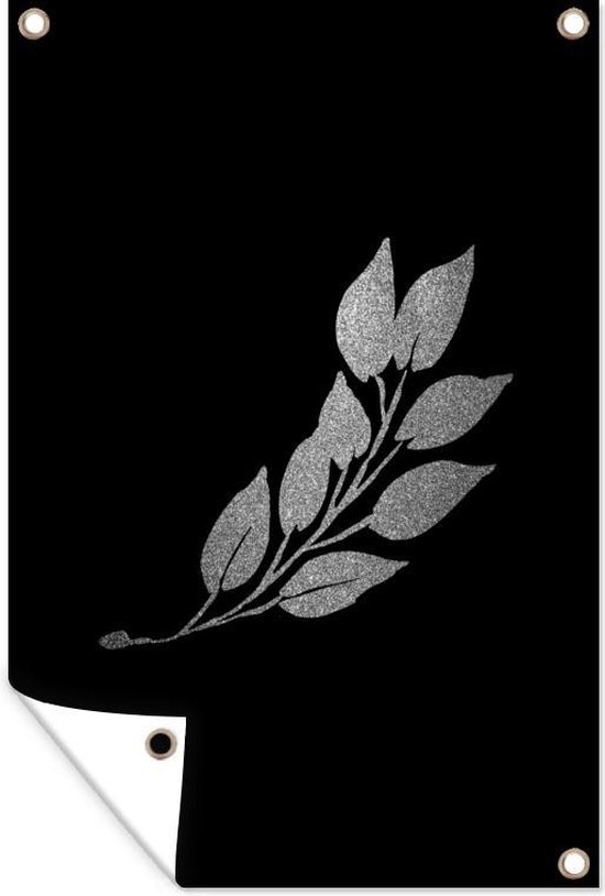 Tuindecoratie Tak met langwerpige bladeren op een zwarte achtergrond - zwart wit - 40x60 cm - Tuinposter - Tuindoek - Buitenposter