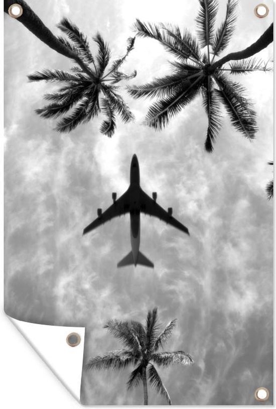 Tuinposters buiten Vliegtuig vliegt over palmbomen - zwart wit - 60x90 cm - Tuindoek - Buitenposter