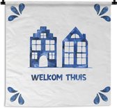 Wandkleed - Wanddoek - Quotes - Spreuken - 'Welkome thuis' - Blauw - 60x60 cm - Wandtapijt