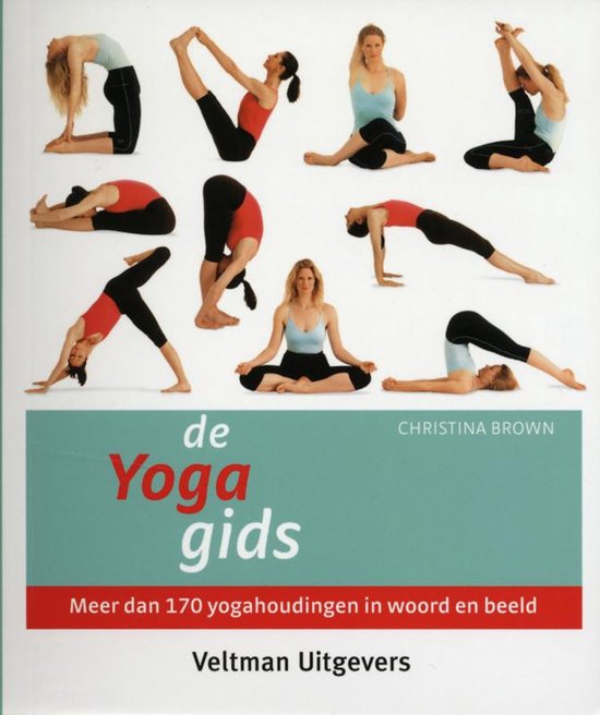 Boekomslag 'De yoga gids' met 10 yogahoudingen, door Christina Brown.