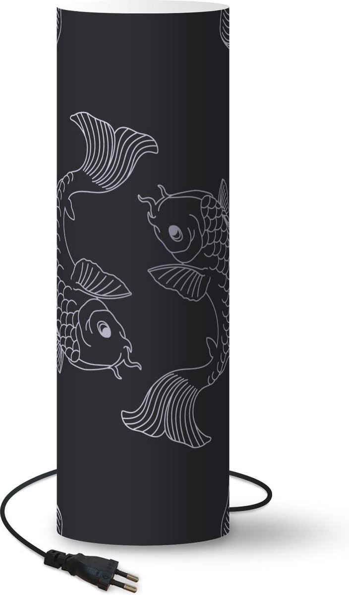 Lamp - Nachtlampje - Tafellamp slaapkamer - Een donkere illustratie van vissen in een patroon - 50 cm hoog - Ø15.9 cm - Inclusief LED lamp