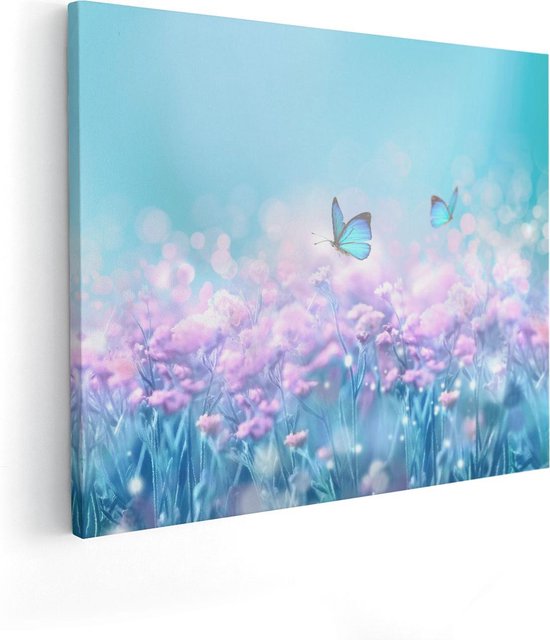 Artaza Canvas Schilderij Twee Blauwe Vlinders Bij Roze Bloemen - 100x80 - Groot - Foto Op Canvas - Canvas Print