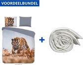 Luxe Zachte Dekbedovertrek Tweepersoons - 200x200/220cm - Inclusief 2 Kussenslopen - 100% Versterkt Katoen - Tijger + Wasbaar Microfiber Dekbed - 200x200cm - Wit