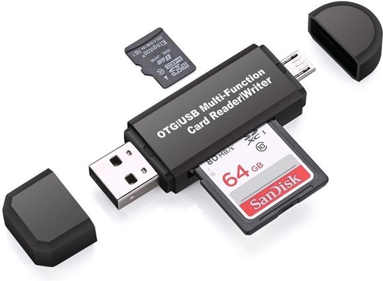 Lecteur de carte USB pour carte Micro SD - Carte SD - Convient pour téléphone, PC et tablette avec connexion Micro USB - Zwart