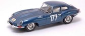 The 1:43 Diecast Modelcar of the Jaguar E-Type Coupe #177 of the Tour de France of 1963. The drivers were Cardi and Klukaszewski. The manufacturer of the scalemodel is Best Model. This model is only available online