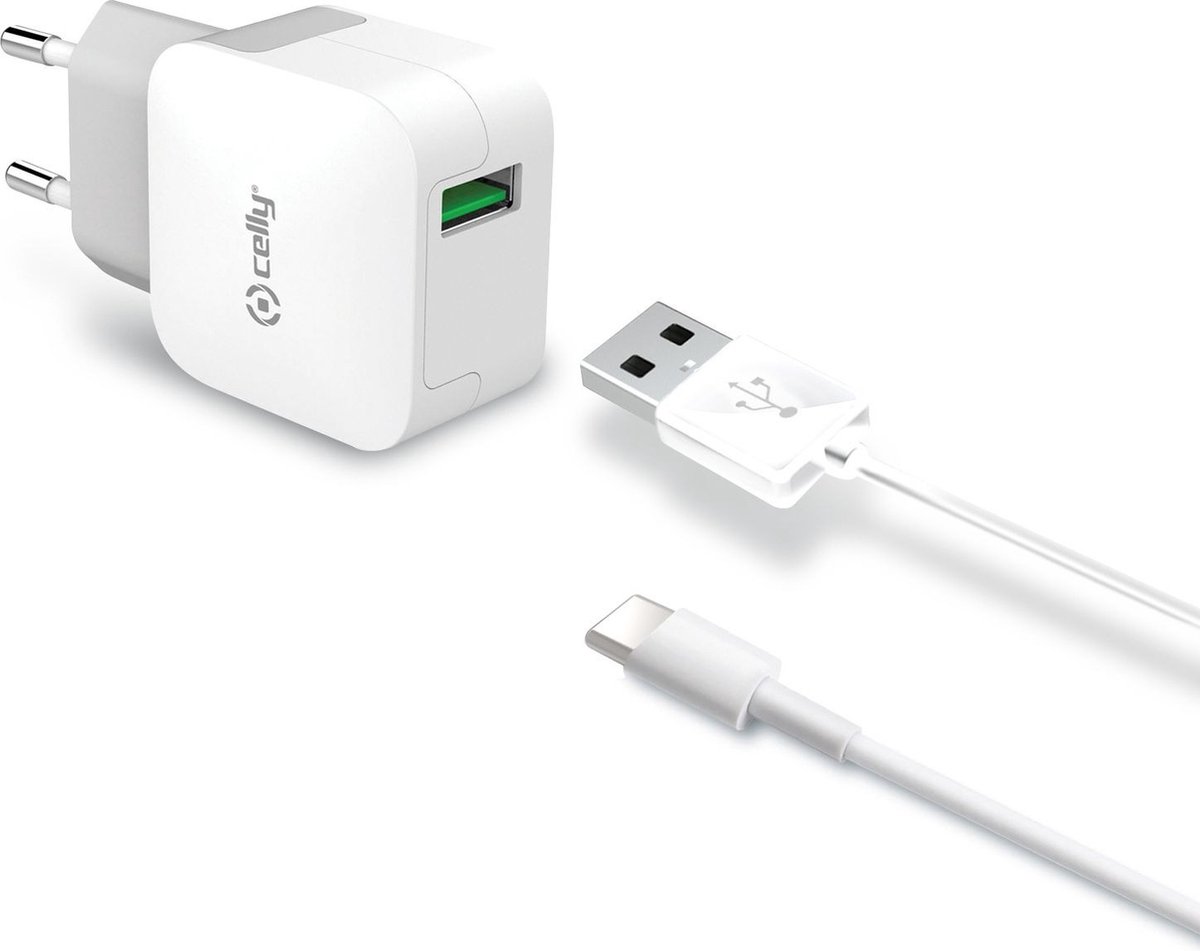 Celly Thuislader USB-A & USB-A naar USB-C kabel – 1 Meter - 2.4A - Wit