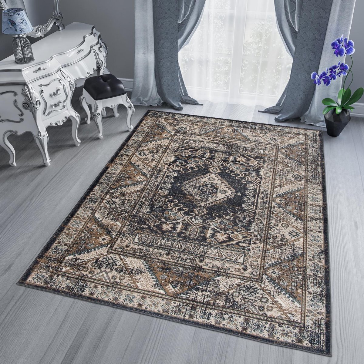 Tapiso Dubai Vloerkleed Tapijt Oriental Oosters Carpet Maat- 140x200 Antraciet Creme4