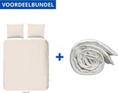 Luxe Dekbedovertrek Tweepersoons - 200x200/220cm - Inclusief 2 Kussenslopen - 100% Zacht Katoensatijn - Beige + Wasbaar Microfiber Dekbed - 200x200cm - Wit