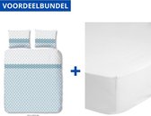 Luxe Zachte Dekbedovertrek Tweepersoons - 200x200/220cm - Inclusief 2 Kussenslopen - 100% Versterkt Katoen - Anna Blauw + Zachte Katoenen Hoeslaken -140x200cm - Wit