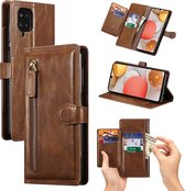Samsung Galaxy A12 Book case met ritssluiting - Flipcover - Magnetisch - 5 kaarten houder - Donkerbruin