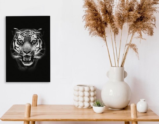 Tableau Tableau Tête de Tigre fond noir - noir et blanc - 20x30 cm - Décoration murale
