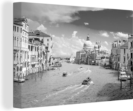 Canvas Schilderij Boten varen op het Canal Grande in Venetië - zwart wit - 30x20 cm - Wanddecoratie