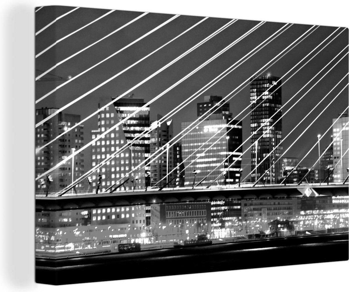 Canvas Schilderij Verlichting in de gebouwen in Rotterdam - zwart wit - 30x20 cm - Wanddec