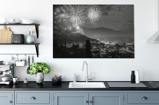 Tableau sur toile Feu d'artifice au lac de Garde en Italie - noir et blanc - 120x80 cm - Décoration murale